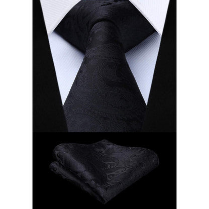 Herren Weste Krawatte Einstecktuch Set Jacquard Blumenmuster Schwarz XL