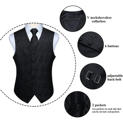 Herren Weste Krawatte Einstecktuch Set Jacquard Blumenmuster Schwarz XL