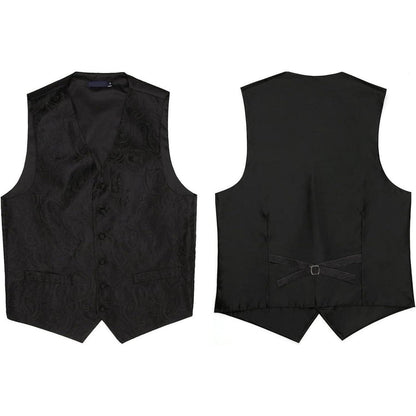 Herren Weste Krawatte Einstecktuch Set Jacquard Blumenmuster Schwarz XL