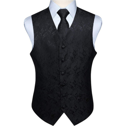 Herren Weste Krawatte Einstecktuch Set Jacquard Blumenmuster Schwarz XL