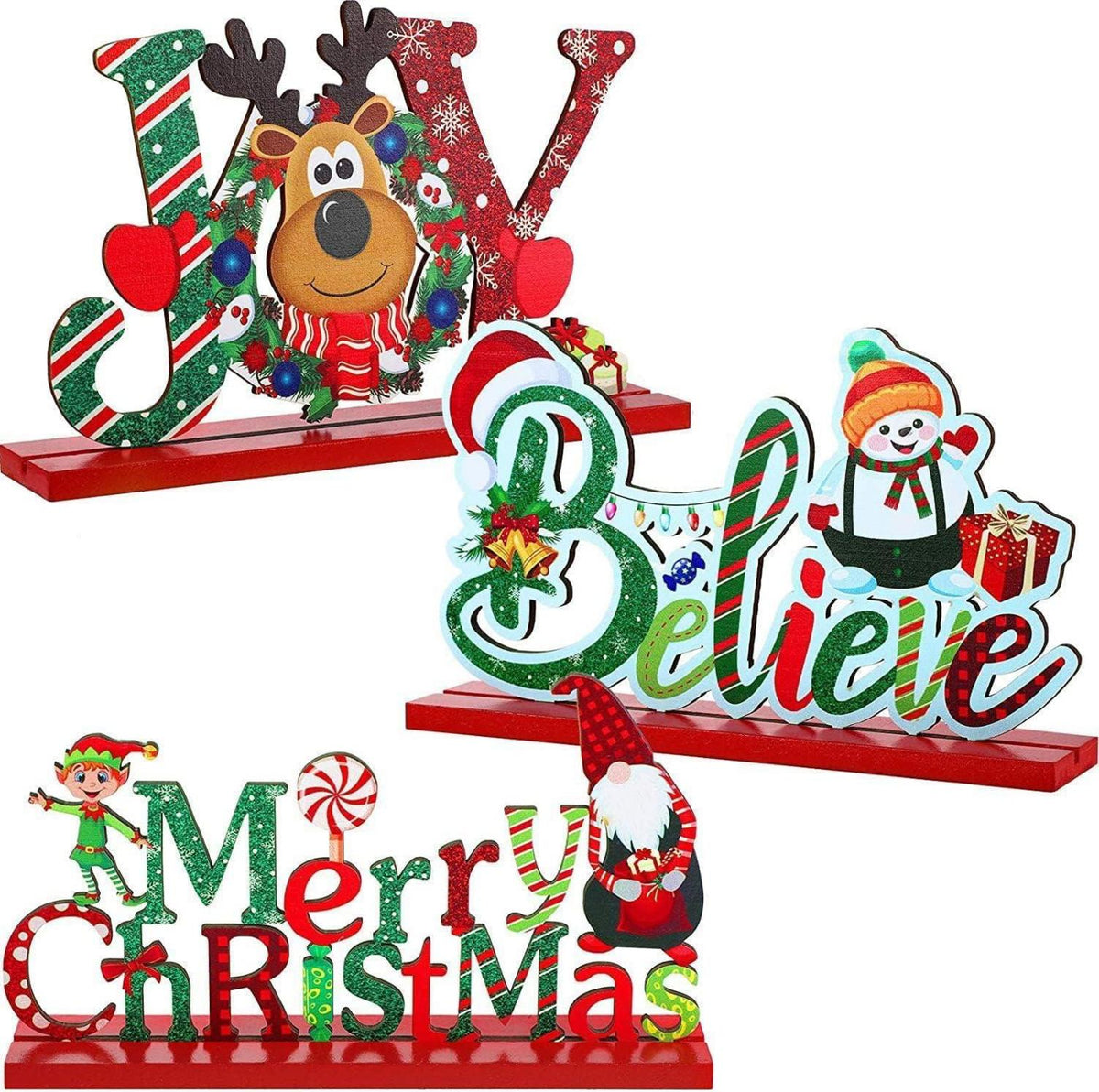 3-teilige Weihnachts Tischdekoration aus Holz Merry Christmas Joy