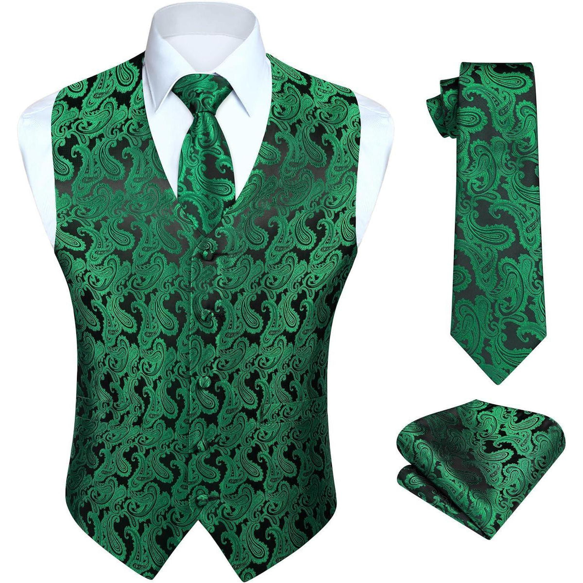 Herren Weste Krawatte Einstecktuch Set Jacquard Grün 4XL