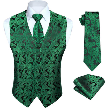 Herren Weste Krawatte Einstecktuch Set Jacquard Grün 4XL