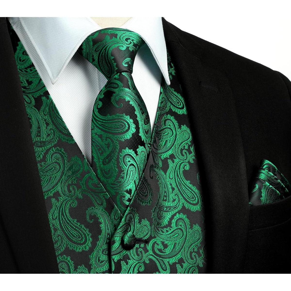 Herren Weste Krawatte Einstecktuch Set Jacquard Grün 4XL