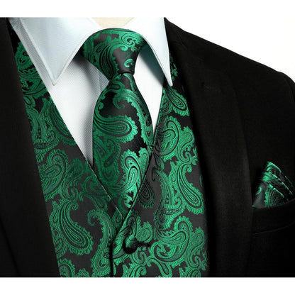 Herren Weste Krawatte Einstecktuch Set Jacquard Grün 4XL