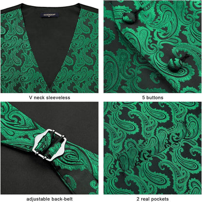 Herren Weste Krawatte Einstecktuch Set Jacquard Grün 4XL