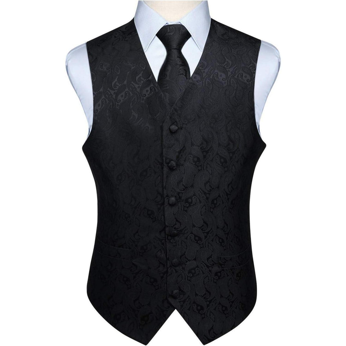 Herren Weste Krawatte Einstecktuch Set Jacquard 3XL Schwarz