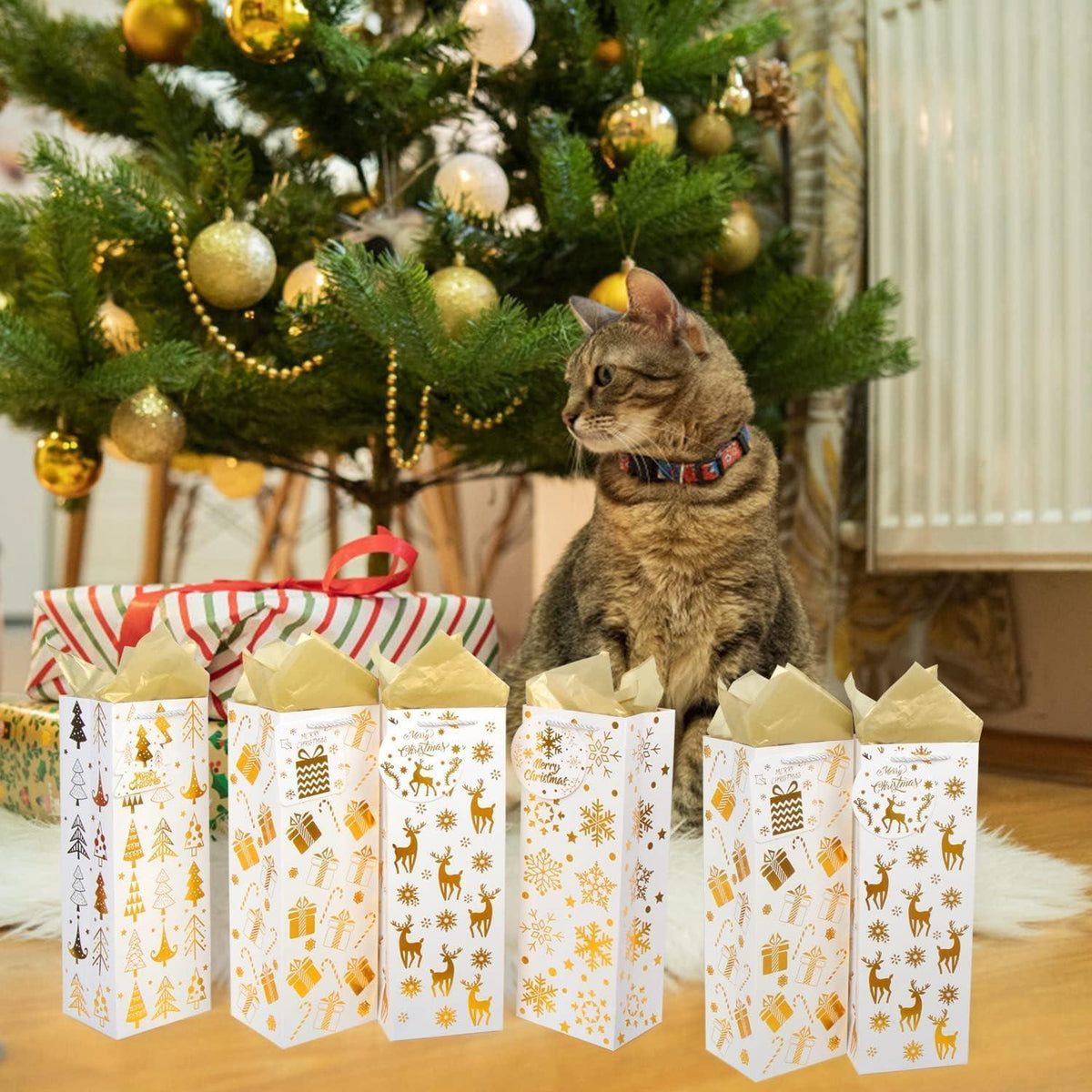 Weihnachts Weinflaschen Taschen Goldfolie 12 Stk 12x10x35cm Seidenpapier Griff