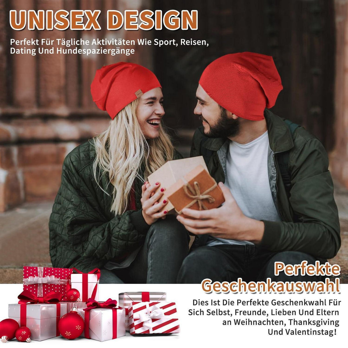 Slouch Beanie Mütze Baumwolle für Damen und Herren, dünn und leicht, rot