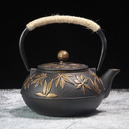 Teekanne Gusseisen 800ml Asiatische Teekessel Gold Ahornblätter