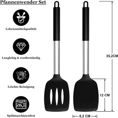 Homikit Schwarz Silikon Pfannenwender Set Edelstahlgriff 2er