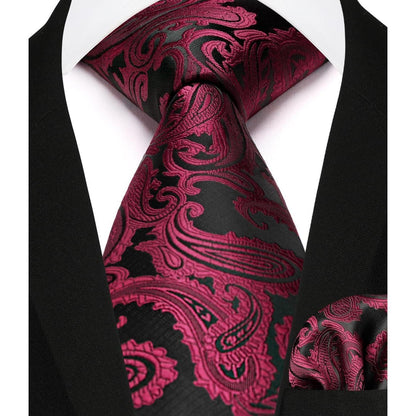 Herren Weste Krawatte Einstecktuch Set Bordeaux Rot Paisley Jacquard