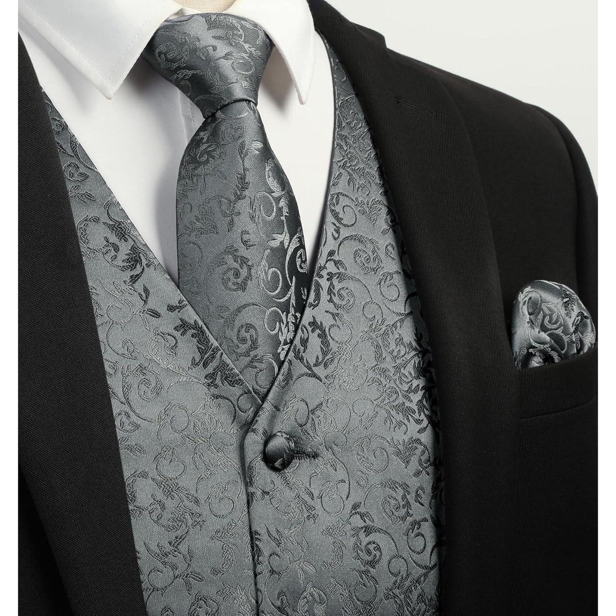 Herren Weste Krawatte Einstecktuch Set Paisley Jacquard Grau