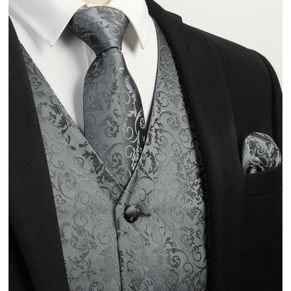 Herren Weste Krawatte Einstecktuch Set Paisley Jacquard Grau