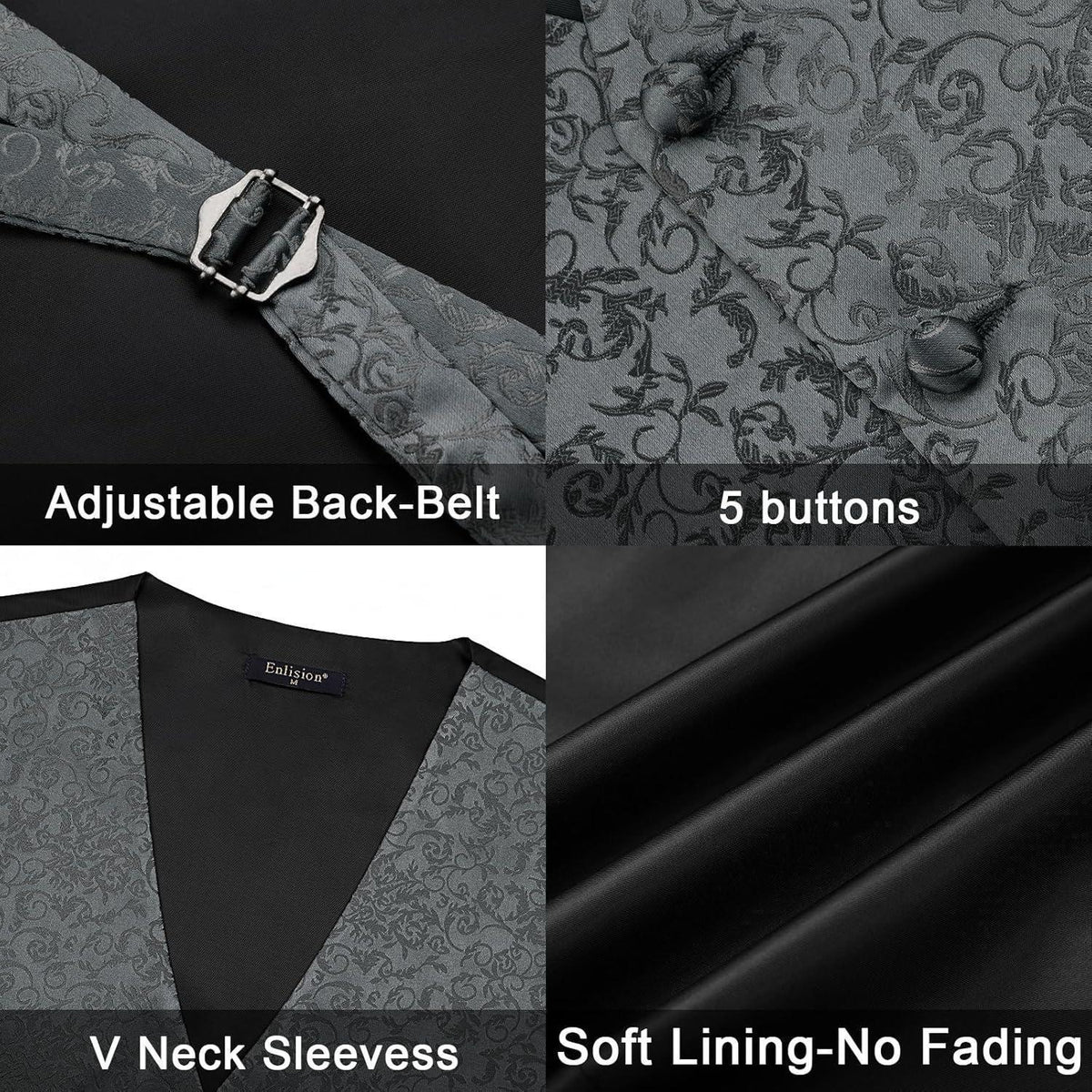 Herren Weste Krawatte Einstecktuch Set Paisley Jacquard Grau