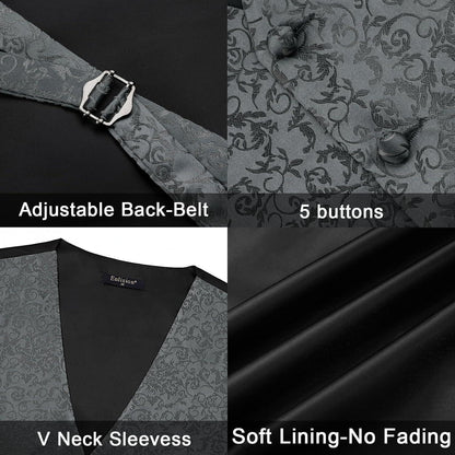 Herren Weste Krawatte Einstecktuch Set Paisley Jacquard Grau