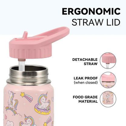 Kinder Trinkflasche Edelstahl 350ml Auslaufsicher Strohhalm BPA-frei
