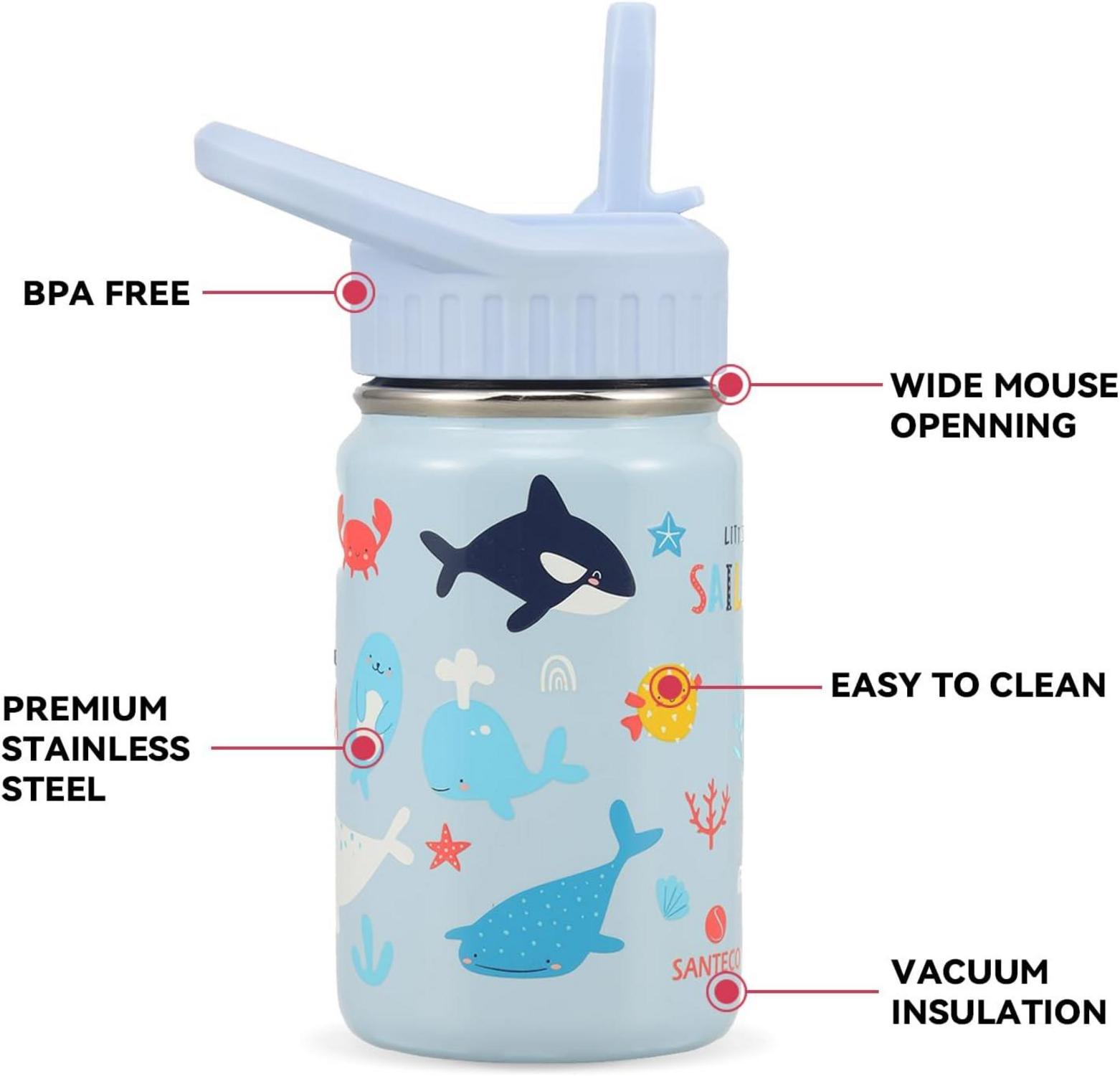Kinder Trinkflasche Edelstahl 350ml mit Strohhalm - Auslaufsicher BPA-frei, Meeresthema