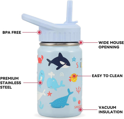 Kinder Trinkflasche Edelstahl 350ml mit Strohhalm - Auslaufsicher BPA-frei, Meeresthema