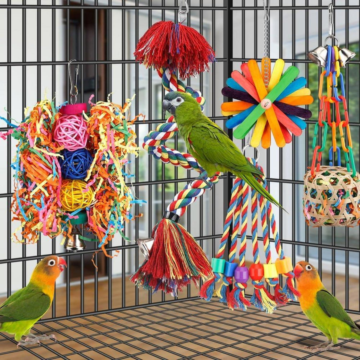 Buntes Vogelspielzeug Seilsitzstange mit Glocke Kauen Papageien Futtersuche