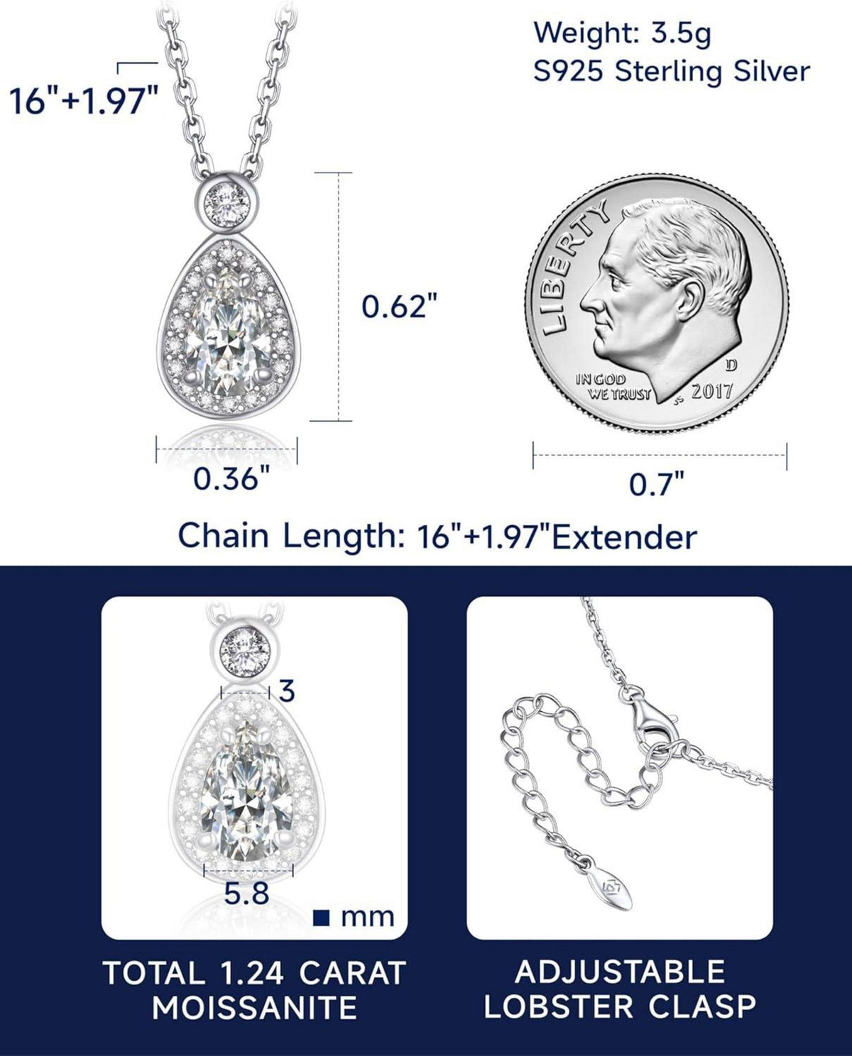 Silberkette Damen 925 mit Moissanite Anhänger 1 Karat Tropfen