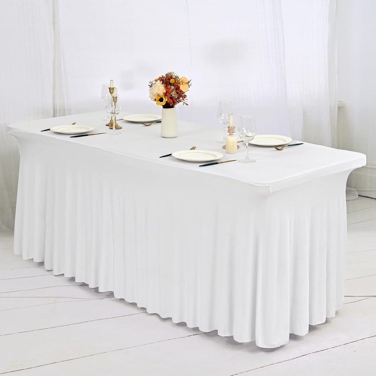 2er Packung weißer Spandex Tischrock Stretch für 2,4m Tische Hochzeit Bankett