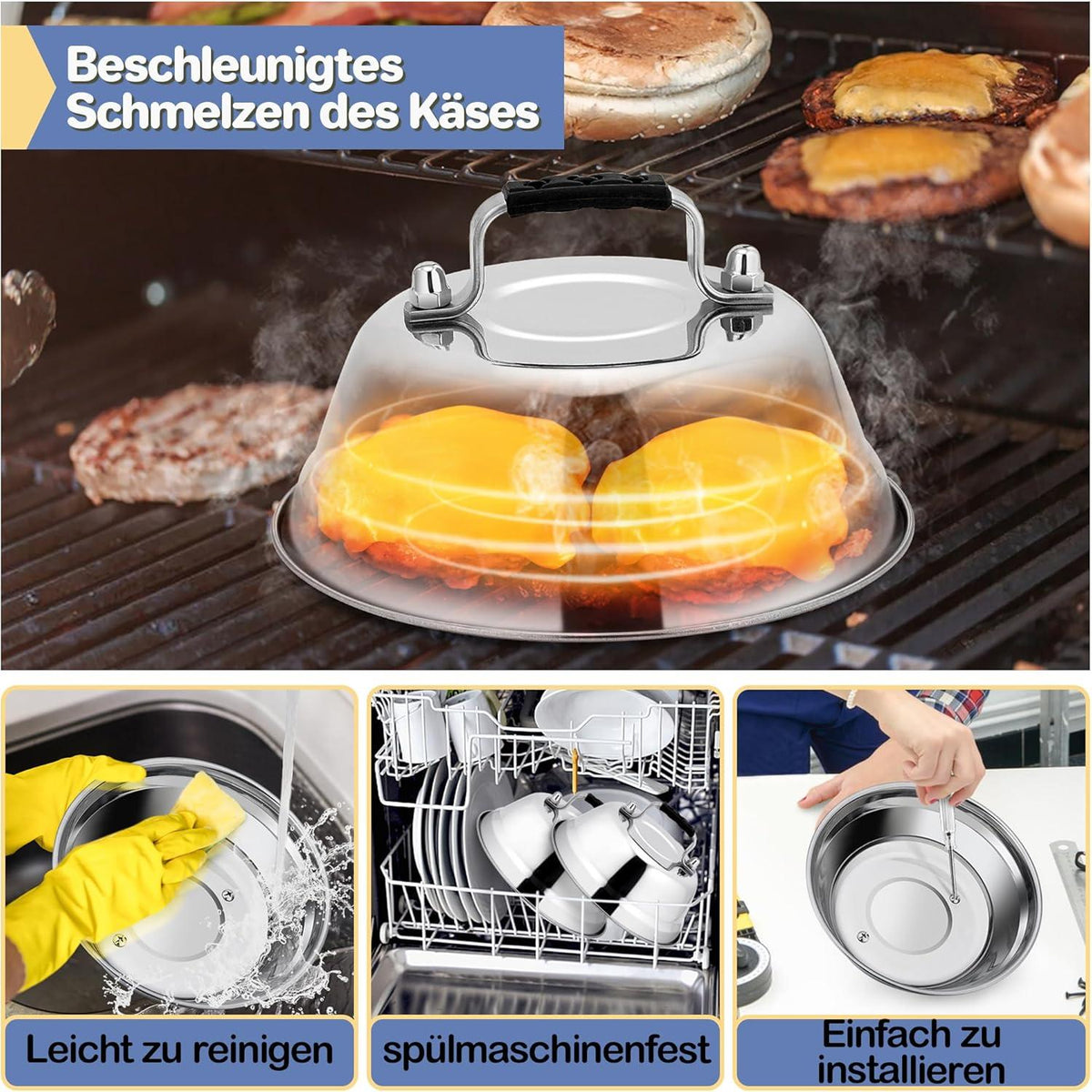 HaWare Burgerglocke Edelstahl Gummigriff Schmelzglocke Grill Steak 23x8,5cm