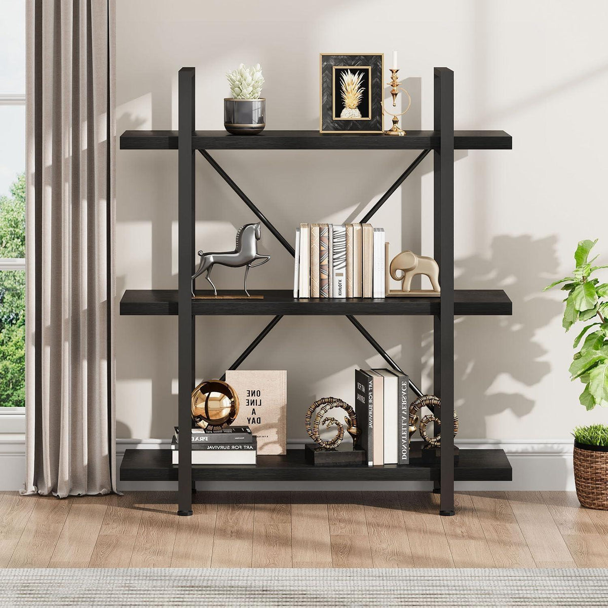 Schwarzes Bücherregal 3-Ebenen, Industrieller Stil
