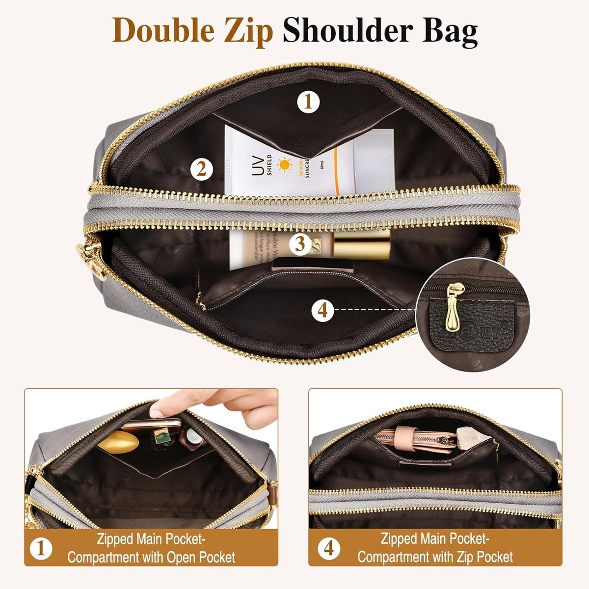 Kleine Crossbody Umhängetasche Damen Leder Grau mit