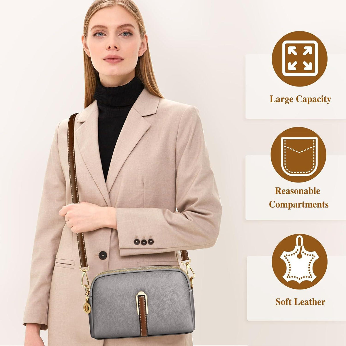 TEUEN Damen Kleine Umhängetasche Leder Crossbody Handtasche Grau