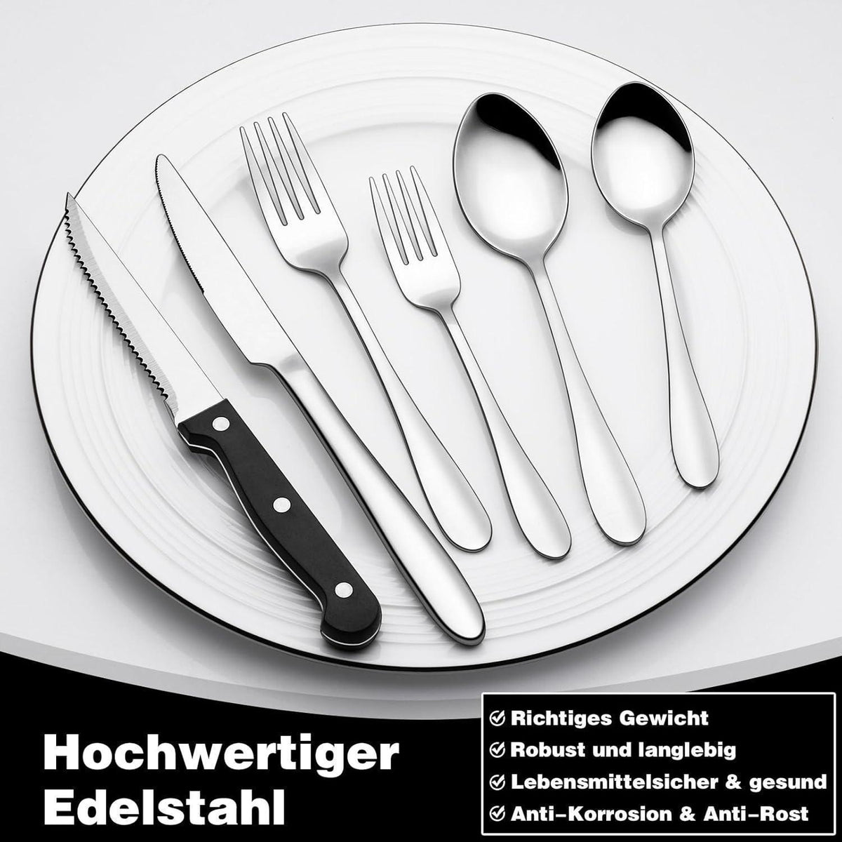 36-teiliges Edelstahl Besteckset für 6 Personen mit Steakmessern