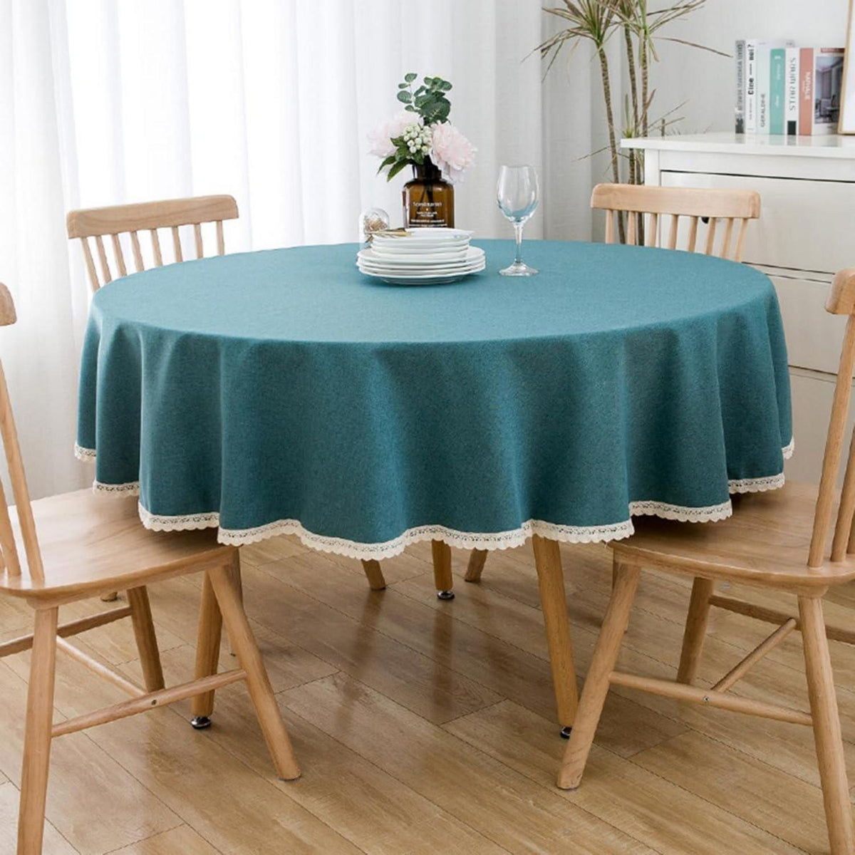 Runde Baumwollleinen Tischdecke 260 cm – Pfauenblau