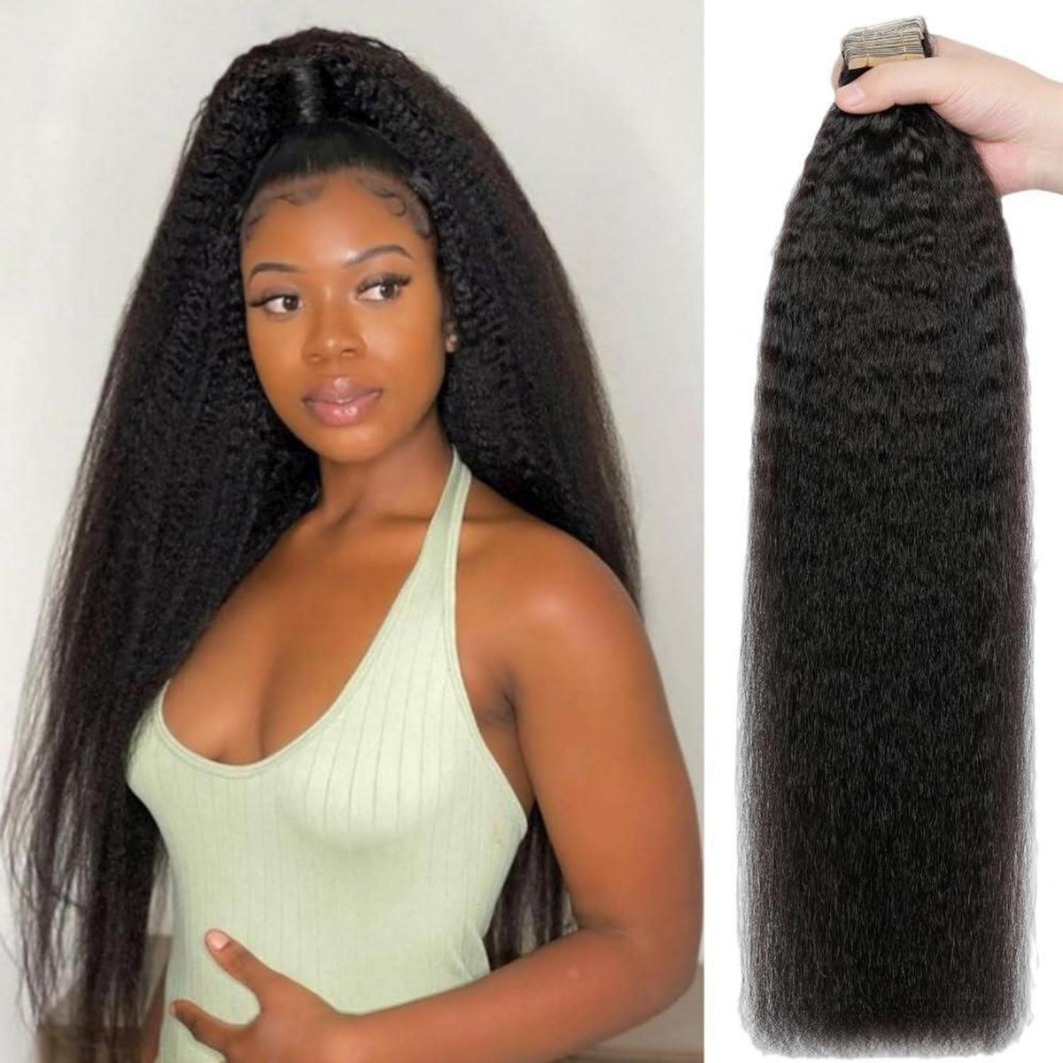 Echthaar Tape Extensions Schwarz Kinky Straight 24 Zoll