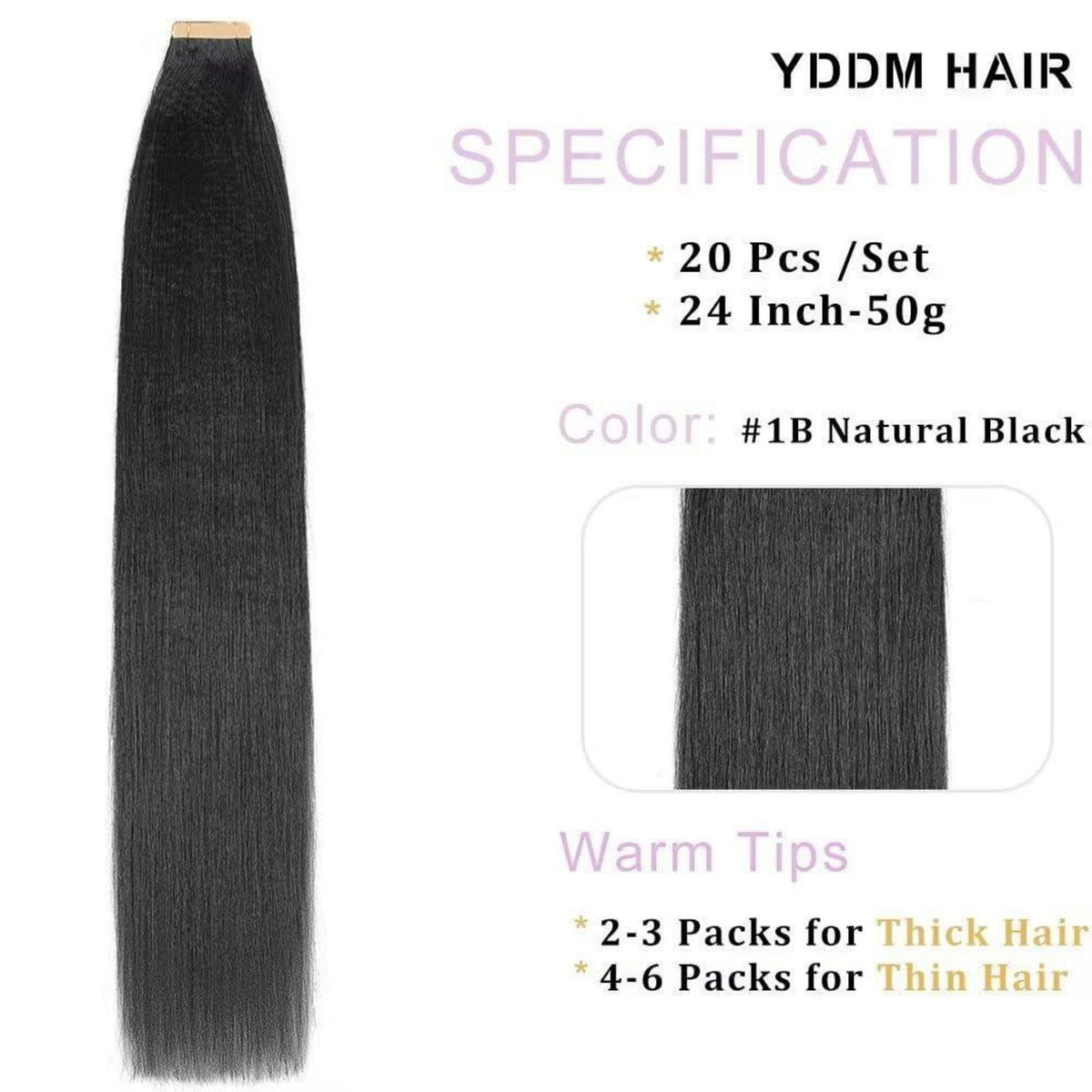 Echthaar Tape Extensions Schwarz Yaki Straight 24 Zoll