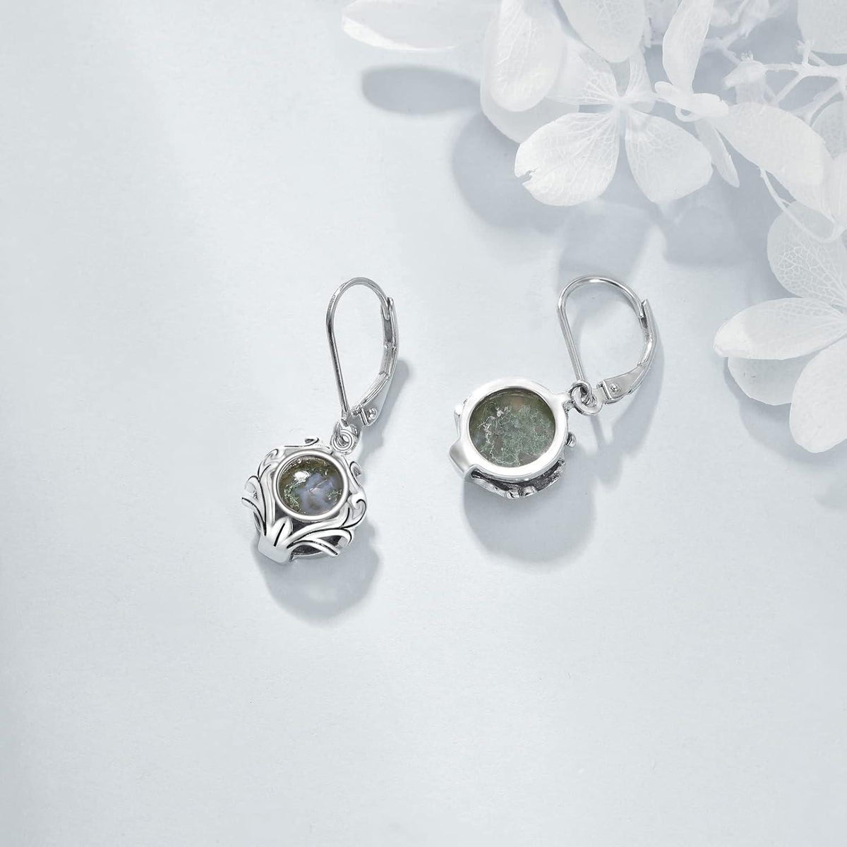 Moosachat Sterling Silber Leverback Ohrringe Filigran Elegantes Design