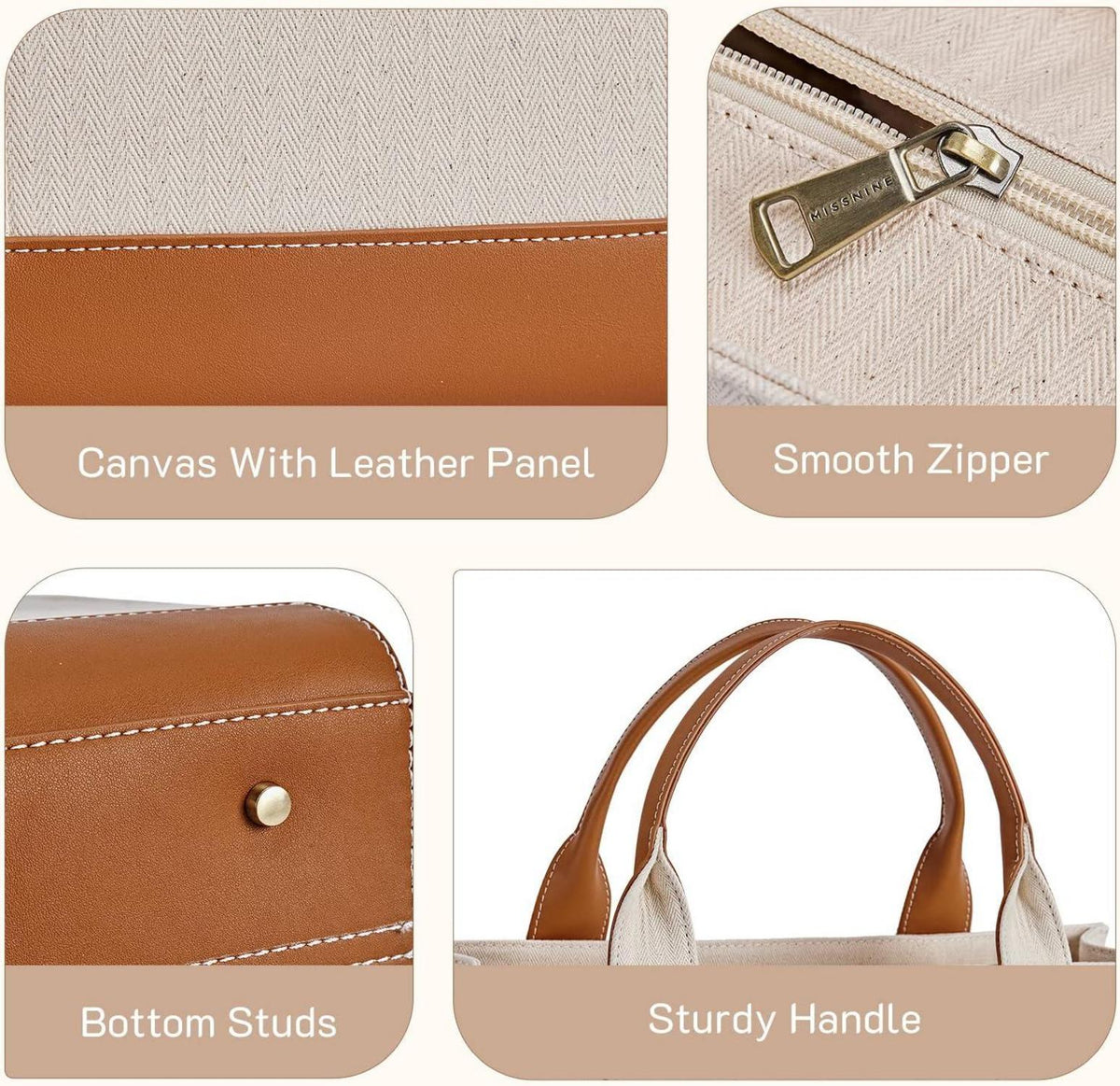 Missnine Canvas-Laptoptasche 15,6 Zoll Aktentasche für Damen Schwarz Beige