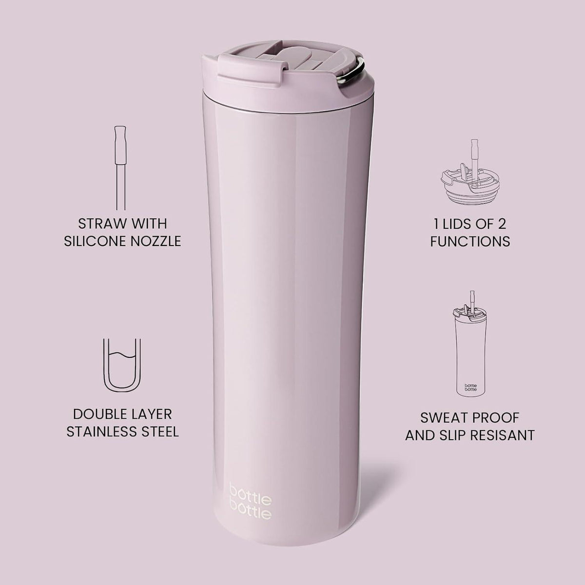 Isolierter Kaffeebecher 680 ml mit Deckel und Strohhalm, lila