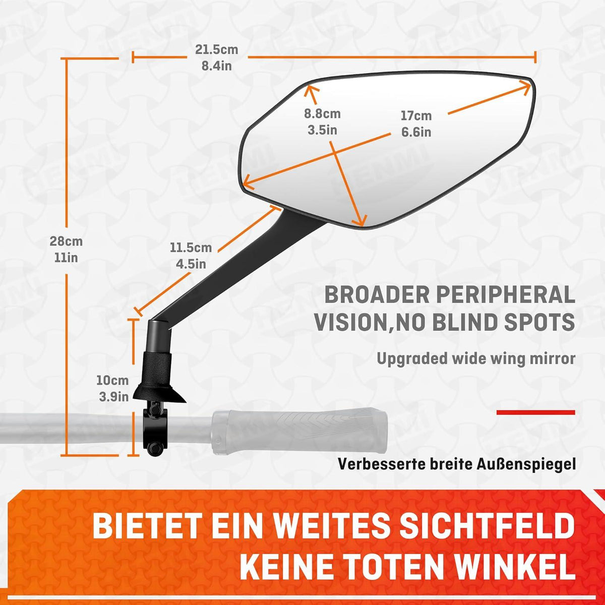 HENMI Fahrradspiegel E-Bike Rechts HD Konvexspiegel groß Rückspiegel