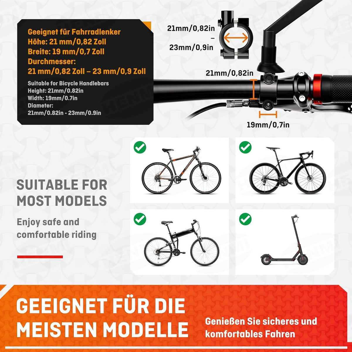 Fahrradspiegel HD Konvexspiegel für E-Bike rechts, extra großes Sichtfeld & schlagfestes Echtglas