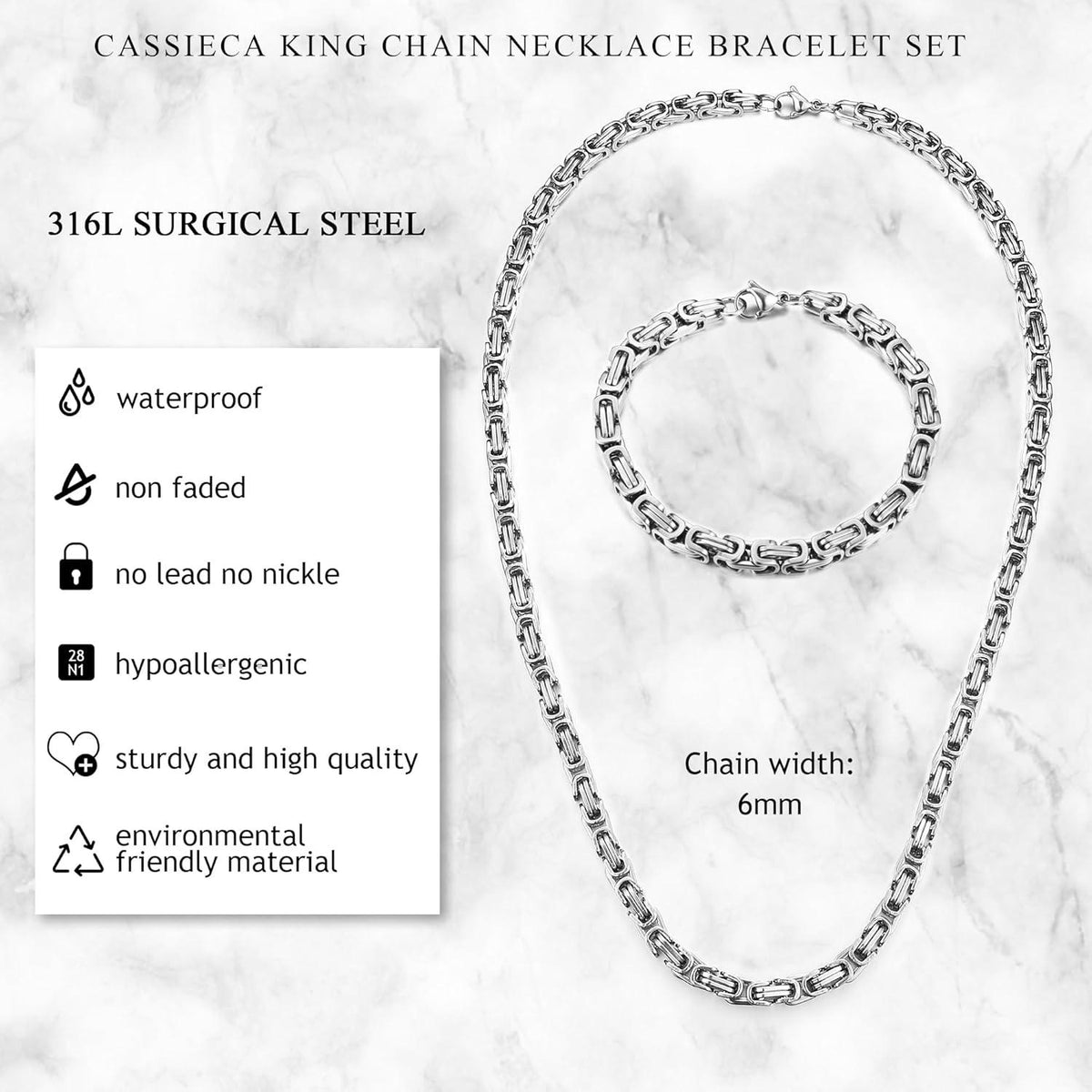 Herren Königskette Silber Edelstahl Armband Set 6/8mm Schwere Punk Kette