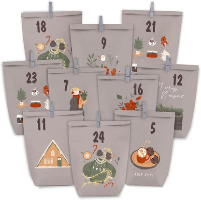 Adventskalender Papiertüten zum Selbstbefüllen Grau Lila 24er Set