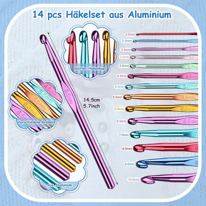 82-teiliges Häkelset mit Tasche, Aluminium & bunte Häkelnadeln, Acryl Wolle