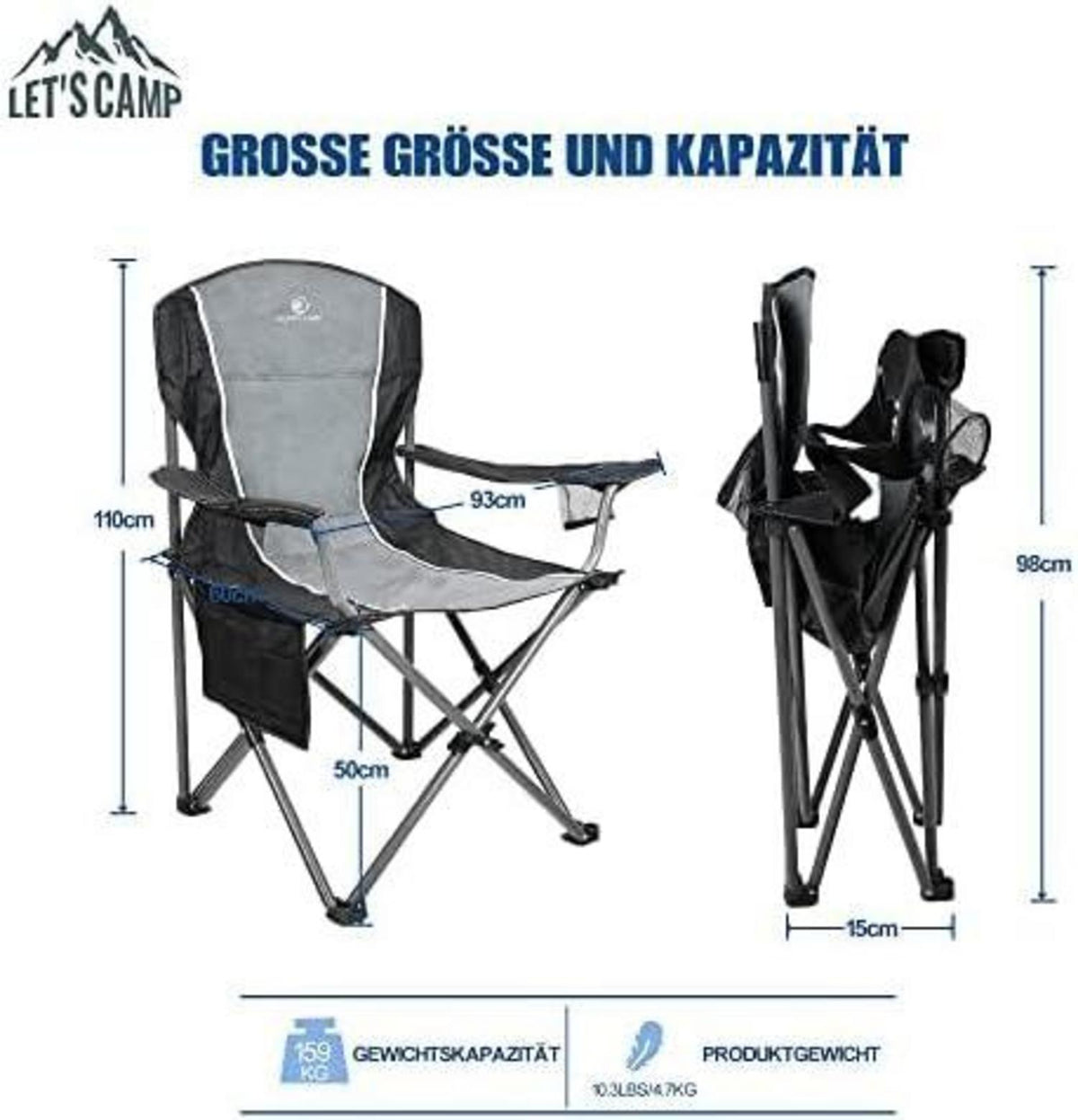 Faltbarer XL Campingstuhl mit Getränkehaltern und Tragetasche