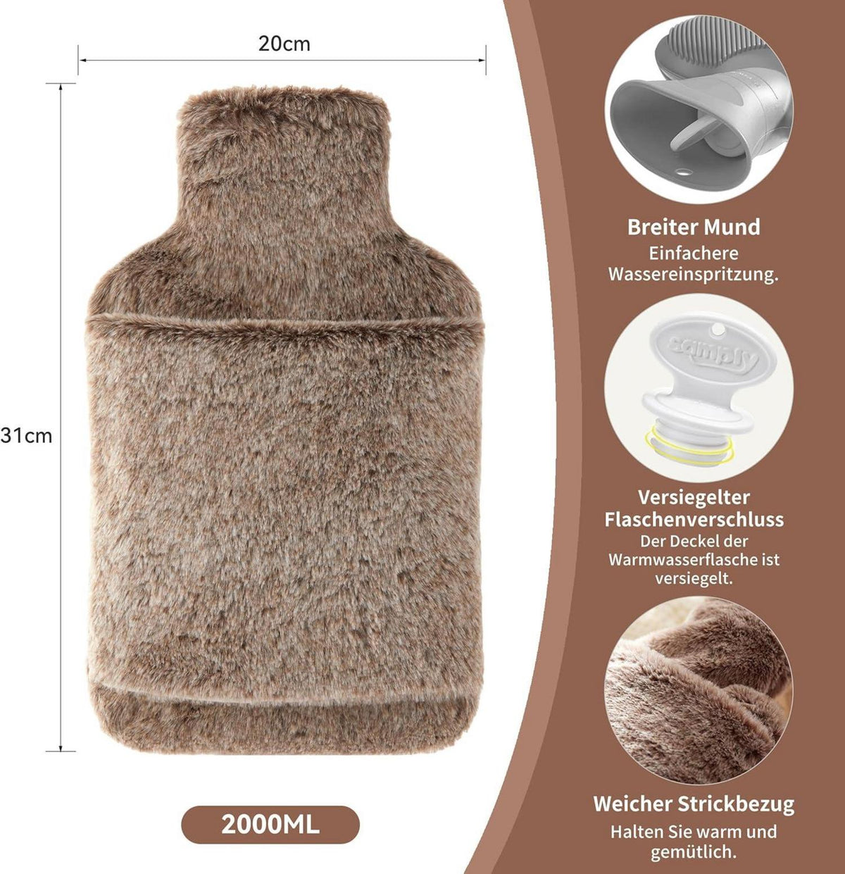 Wärmflasche mit weichem Bezug - 2L Braun für kalte Nächte