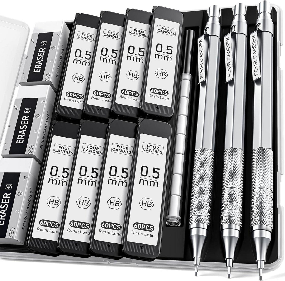 Premium 0,5mm Metall-Druckbleistift-Set mit 480 HB-Minen, 3