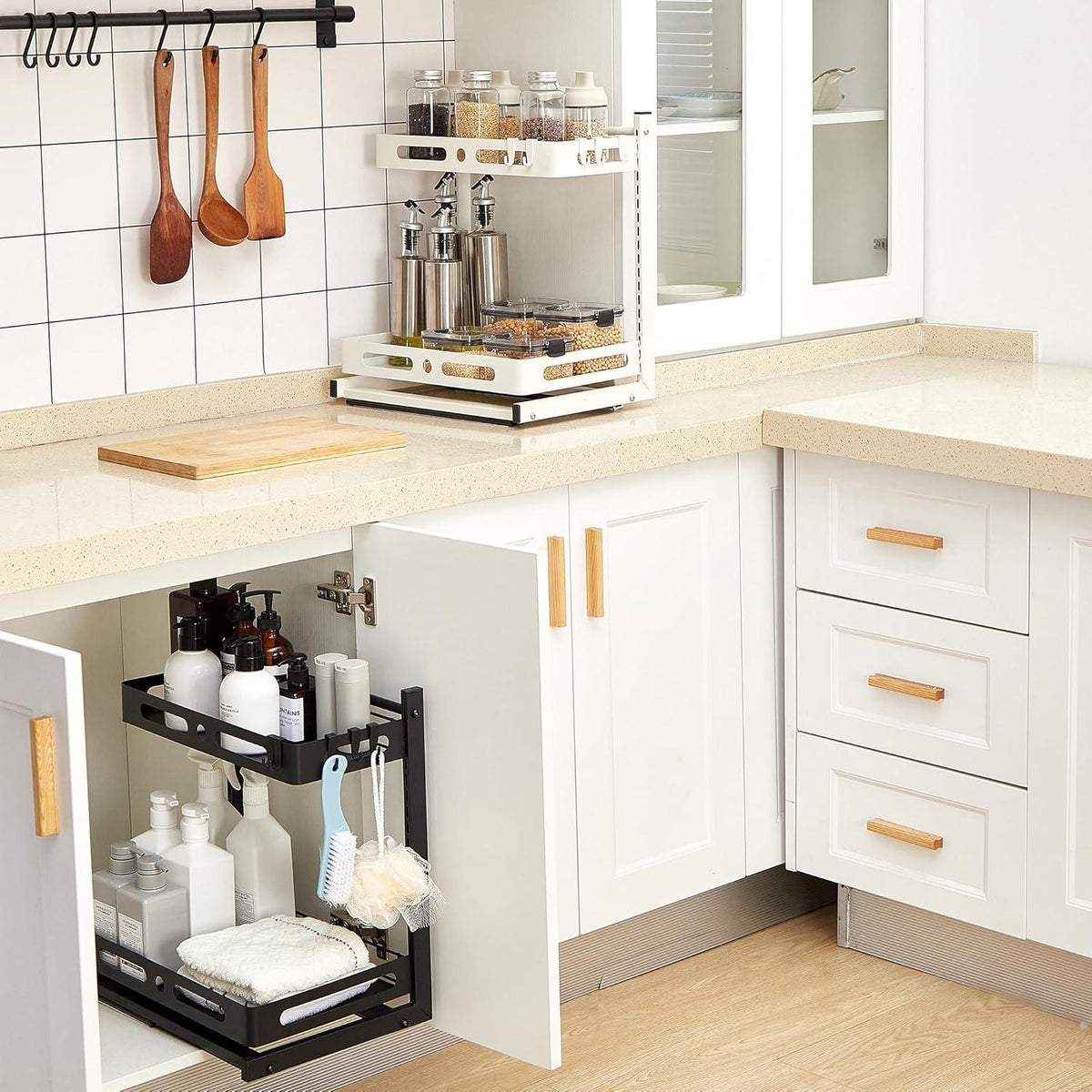 Ausziehbarer Küchenschrank Organizer 2 Ebenen Spülschrank Regal 5 Haken Unter
