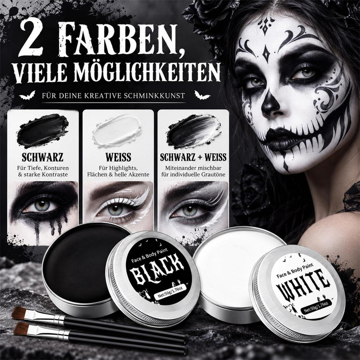 Halloween Schminke Set Schwarz Weiß für Gesicht und Körper