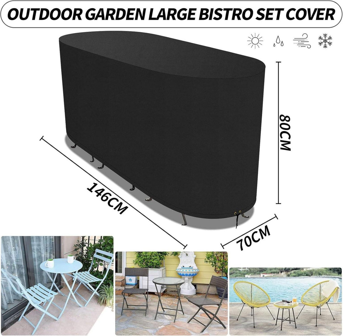 Schwarzes Patio Bistro Set 146x70x80cm, 420D Oxford Stoff