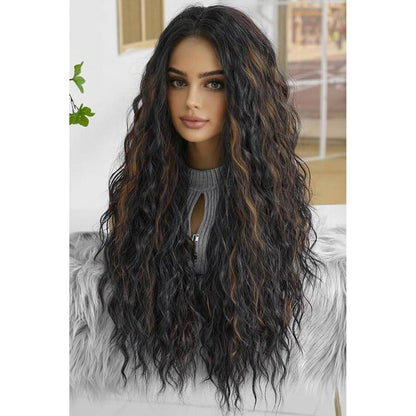 Dunkelbraune lange Lockenperücke mit blonden Highlights