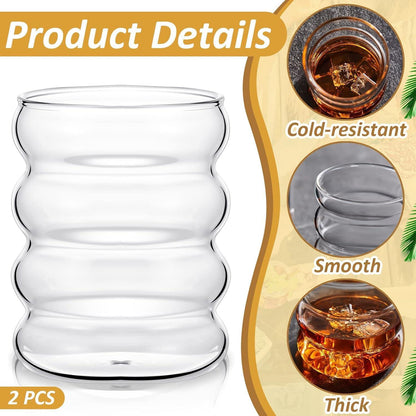 Gerippte Trinkgläser Set of 2 mit Glas-Strohhalmen 350ml